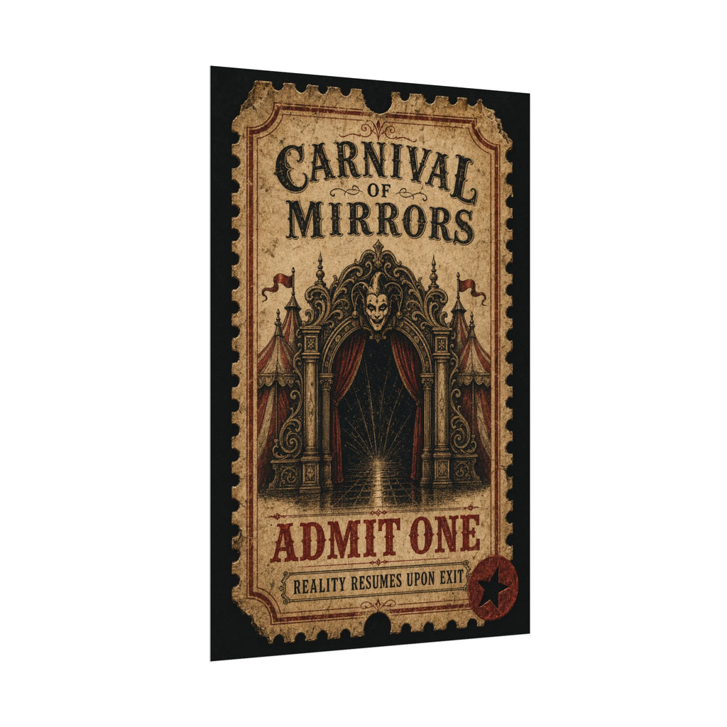 Close-up of the Carnival of Mirrors poster typography and doorway