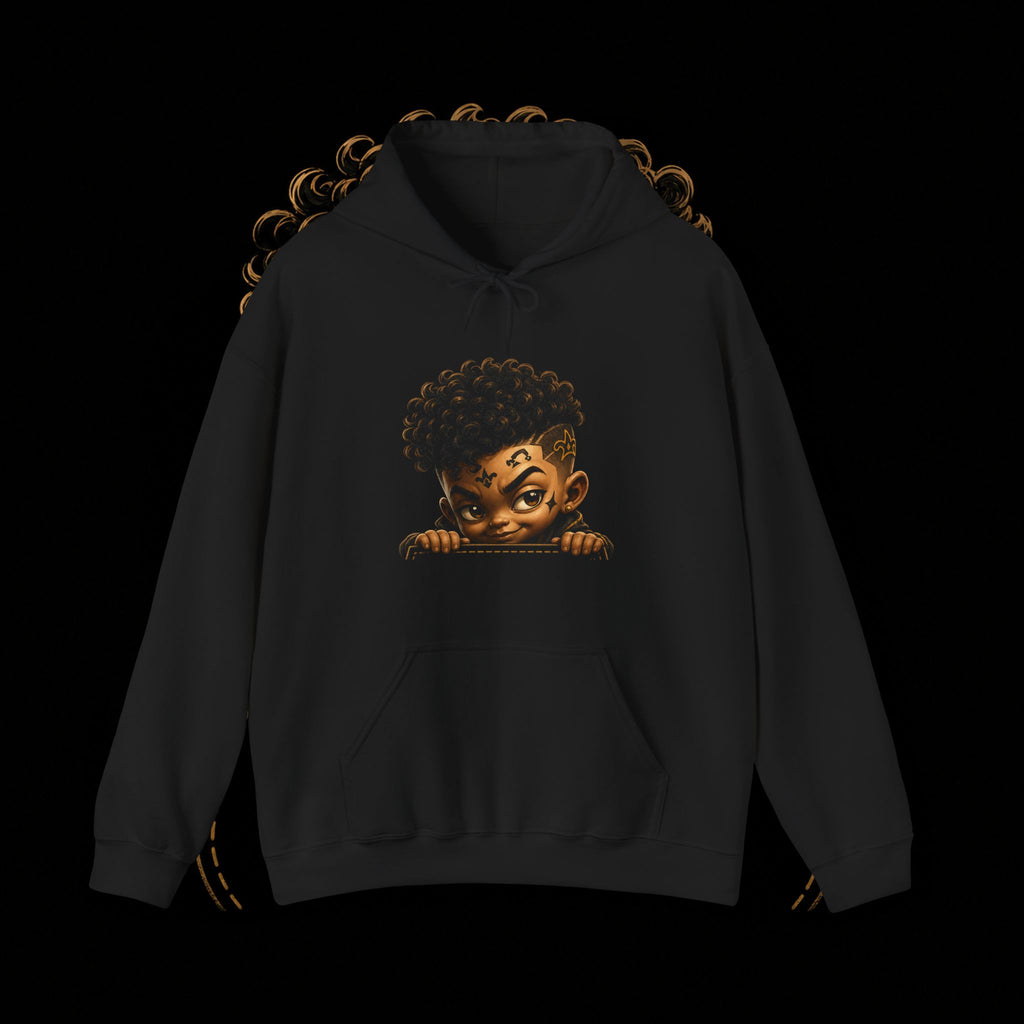 Pocket Tony Peekaboo black hoodie, front view