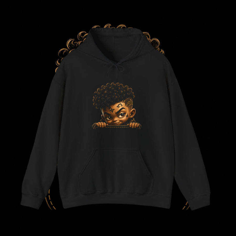 Pocket Tony Peekaboo black hoodie, front view