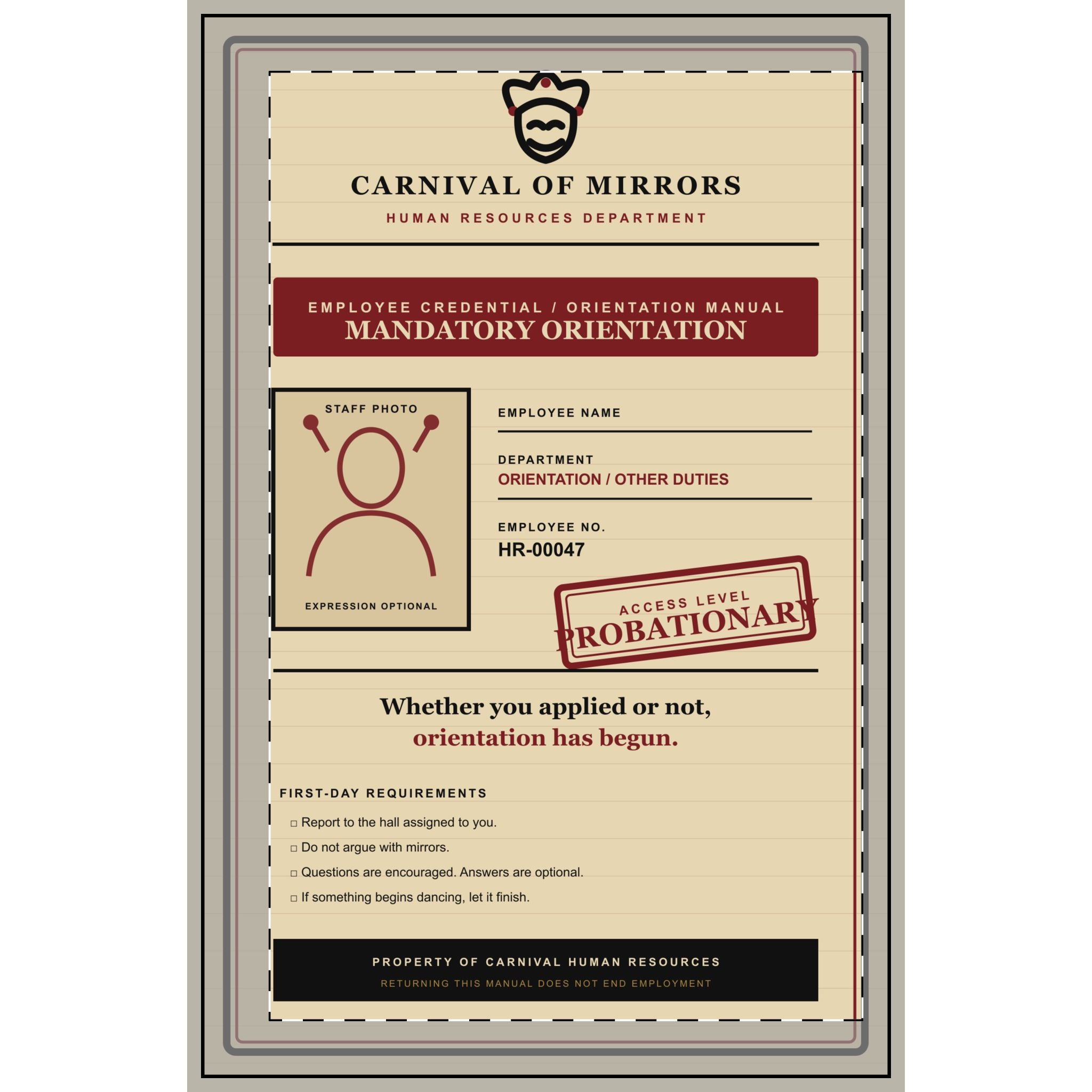 Carnival HR Mandatory Orientation employee credential notebook, front cover