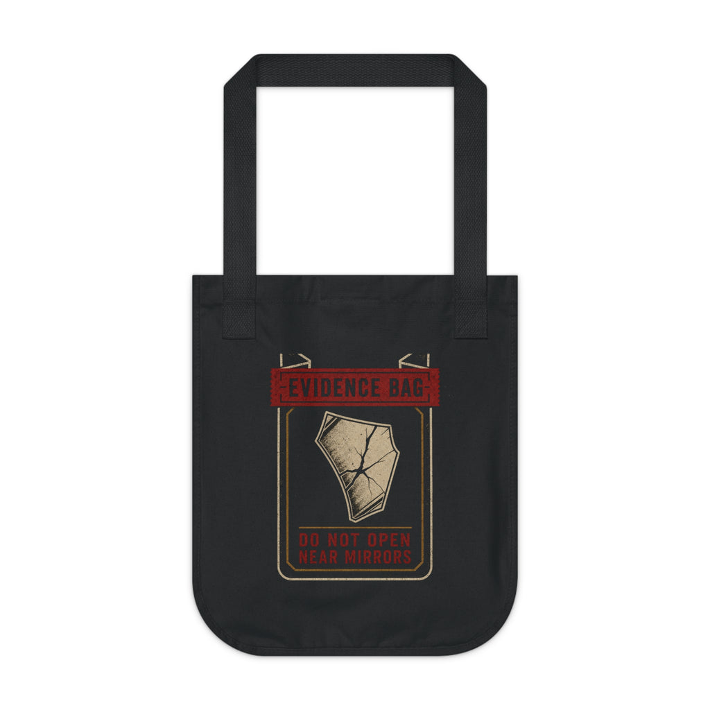 Evidence Division Do Not Open Near Mirrors black tote, front view