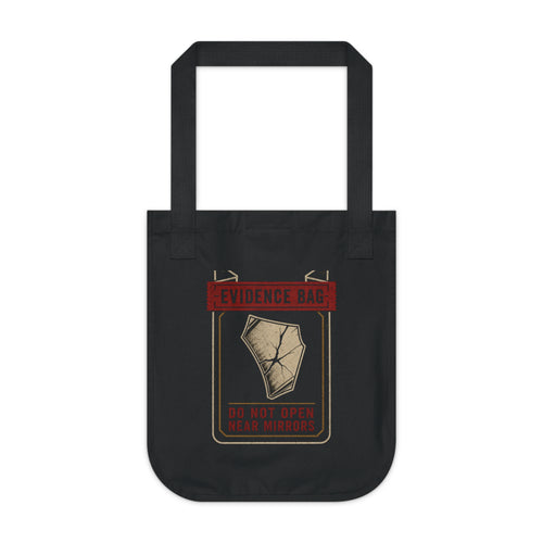 Evidence Division Do Not Open Near Mirrors black tote, front view