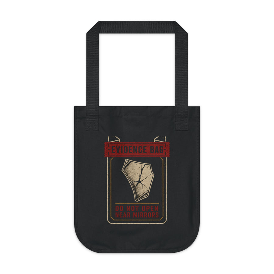 Evidence Division Do Not Open Near Mirrors black tote, front view
