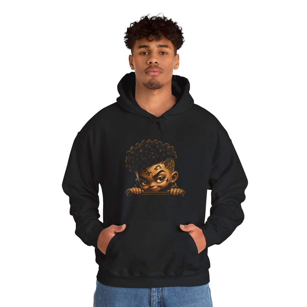 Black Pocket Tony hoodie shown at an alternate angle