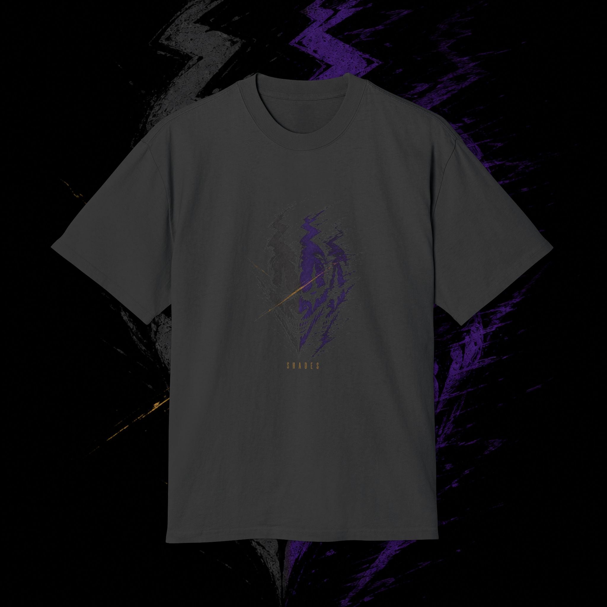 SHADES Afterimage Grin artwork on an oversized tee