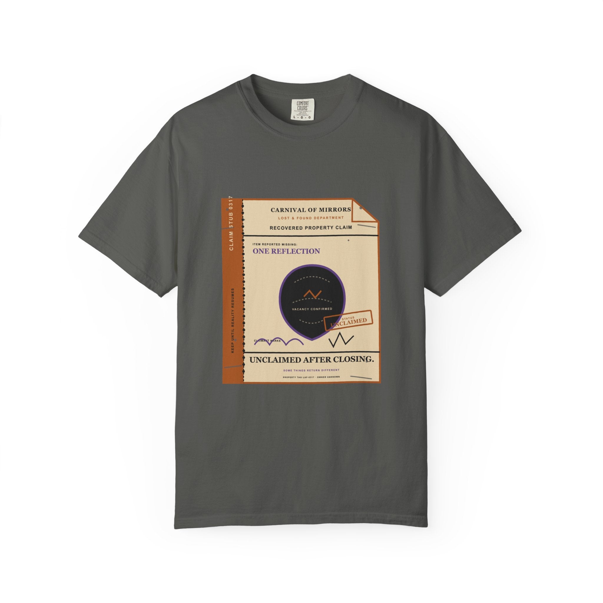 Lost & Found Missing Reflection claim ticket tee in faded Pepper, front view